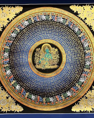 Mantra Mandala with Green Tara at center | Meditation | Spiritual | Buddhism | Handmade Thangka Thanka Painting on cotton canvas