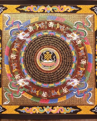 Free Silky Brocade Installation | Mantra Mandala | Dragon with Endless Knot | Om Mane Padme Hum | Handmade | Thangka | Thanka | Cotton Canvas